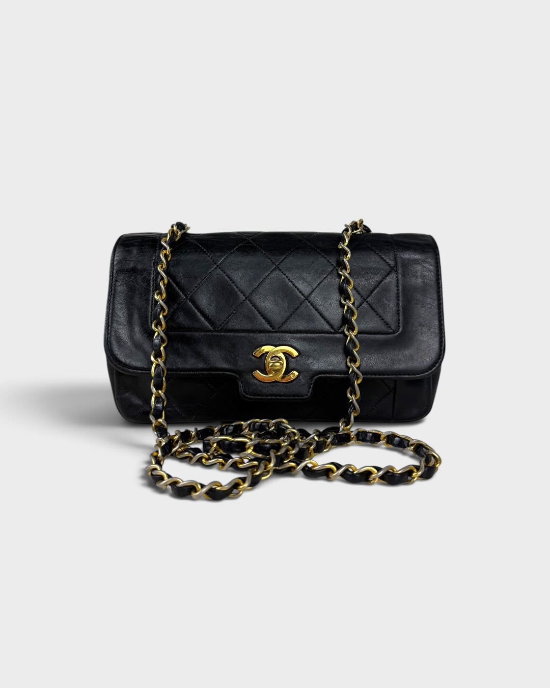 1980s Vintage Chanel Black Lambskin Diana Square Single Flap Bag 24K GHW