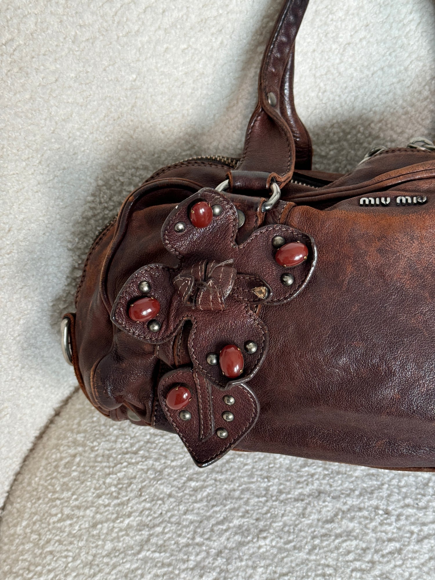 Archive 90s Miu Miu Leather Flower Charm Boston Handbag