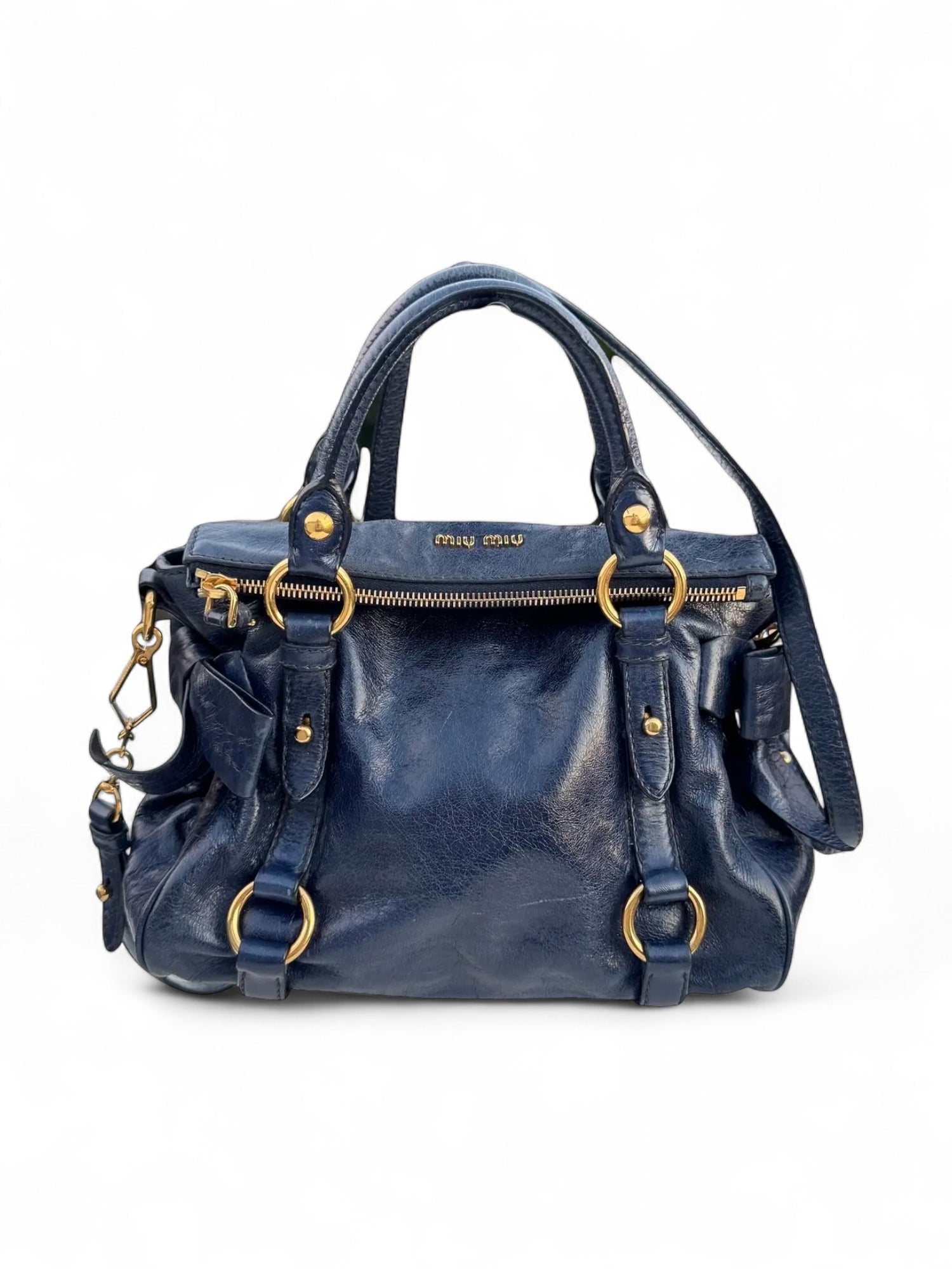 Miu Miu Vitello Lux Bow Satchel Navy 2way Handbag