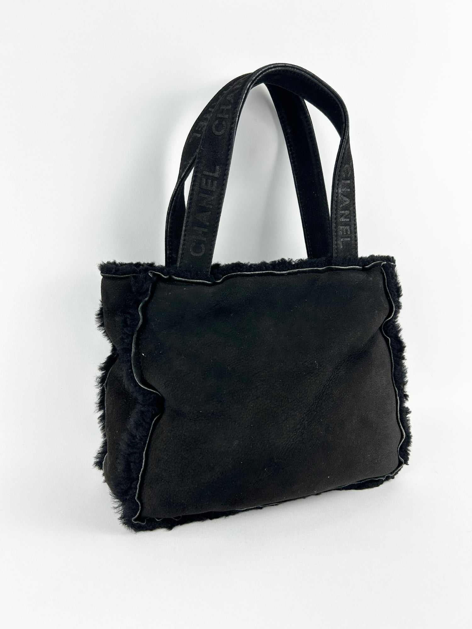 Vintage Chanel Suede Fur Shearling Mini Tote Handbag