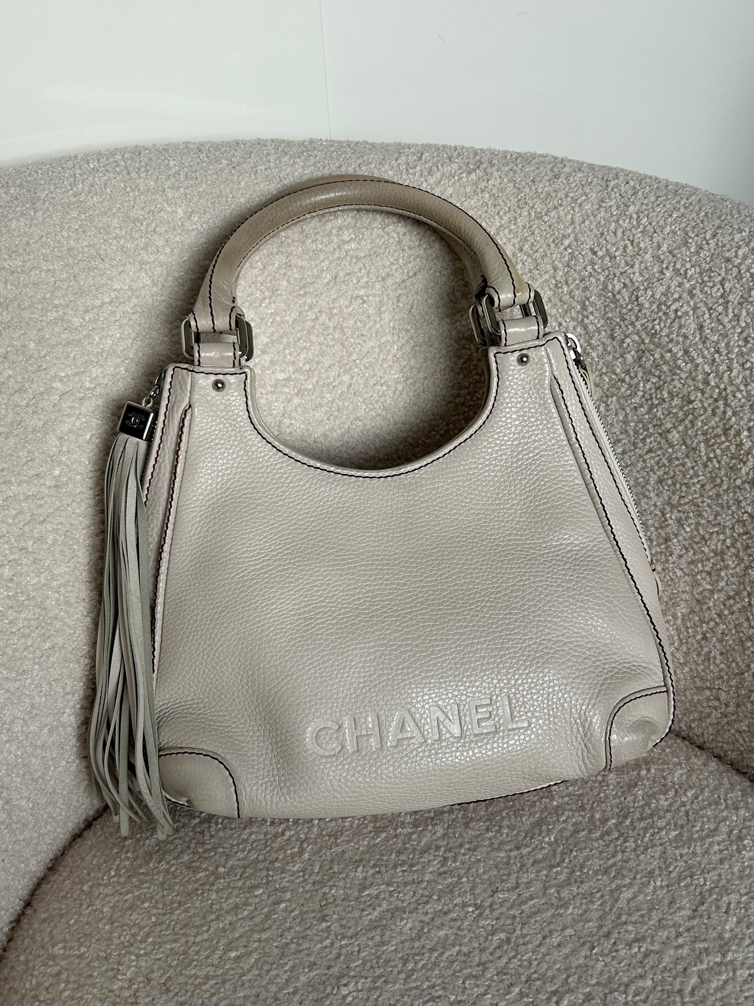 Vintage 2003 Chanel Grained Calfskin Fringe Tassel Logo Hobo Bag