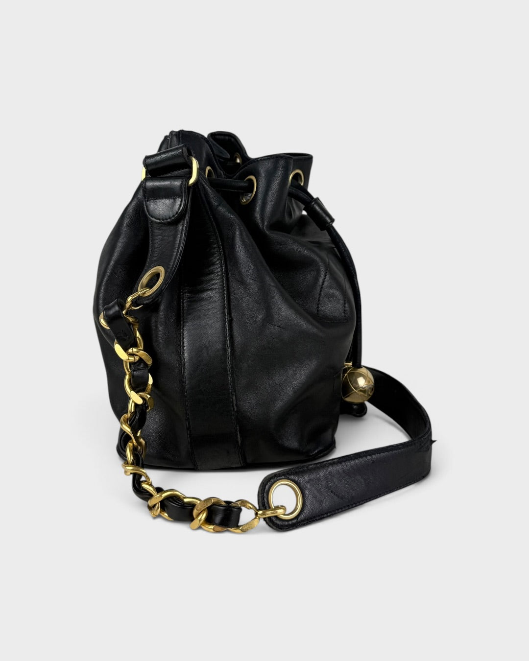 90s Chanel Lambskin CC Stitched Drawstring Bucket Bag Black