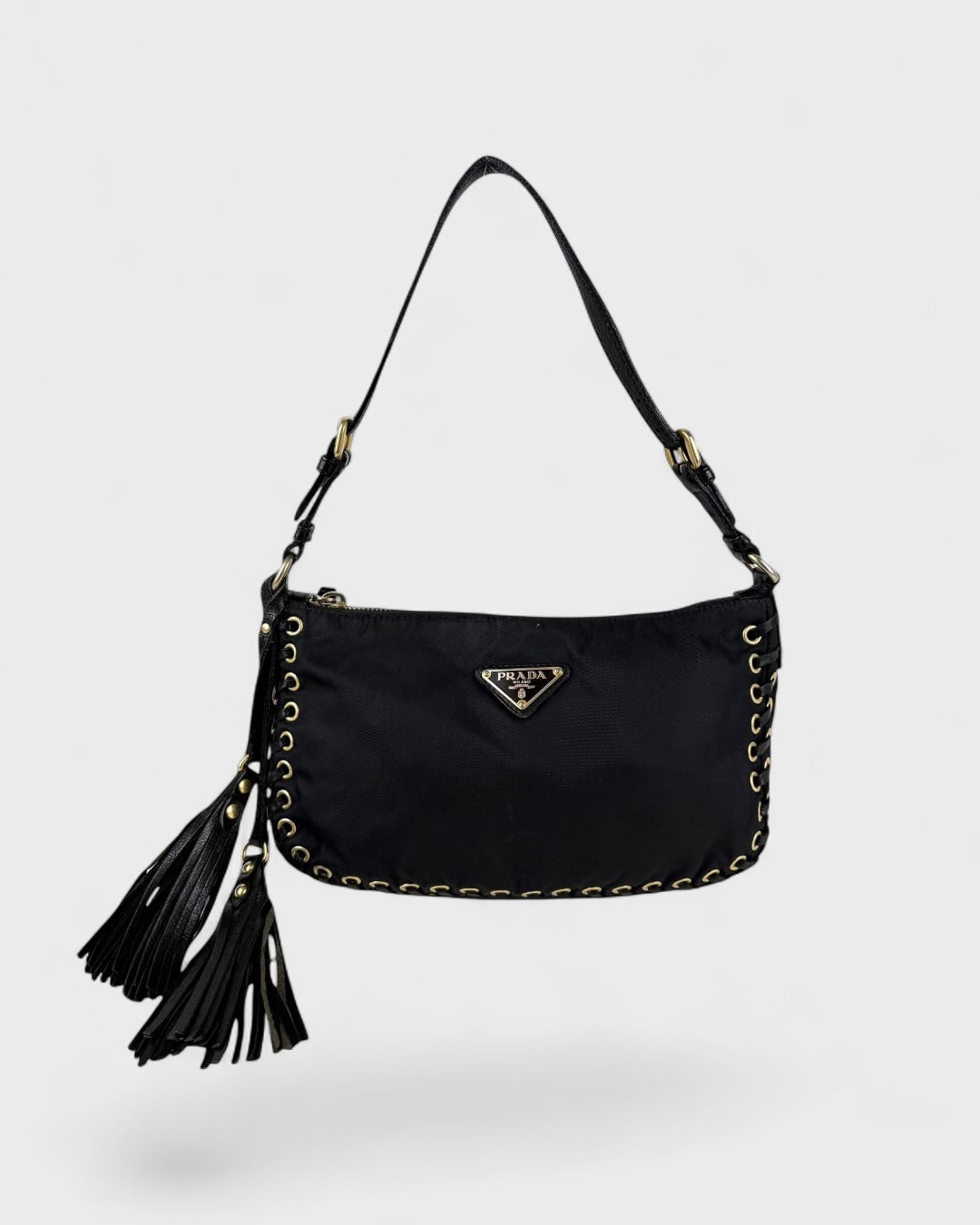 2000s RARE Prada Nylon Grommet Stitch Shoulder Bag