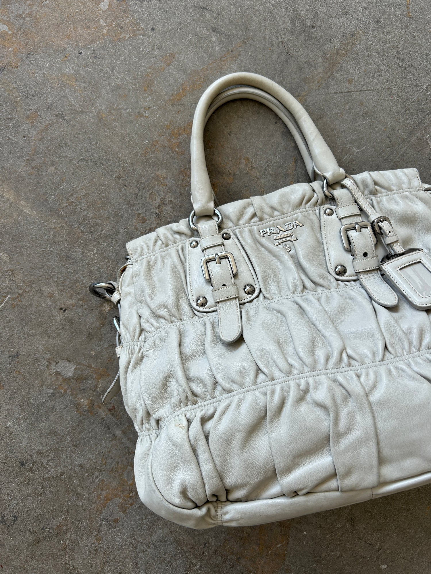 Vintage Prada Cream Leather Tessuto Gaufre Satchel Bag (with extension strap)