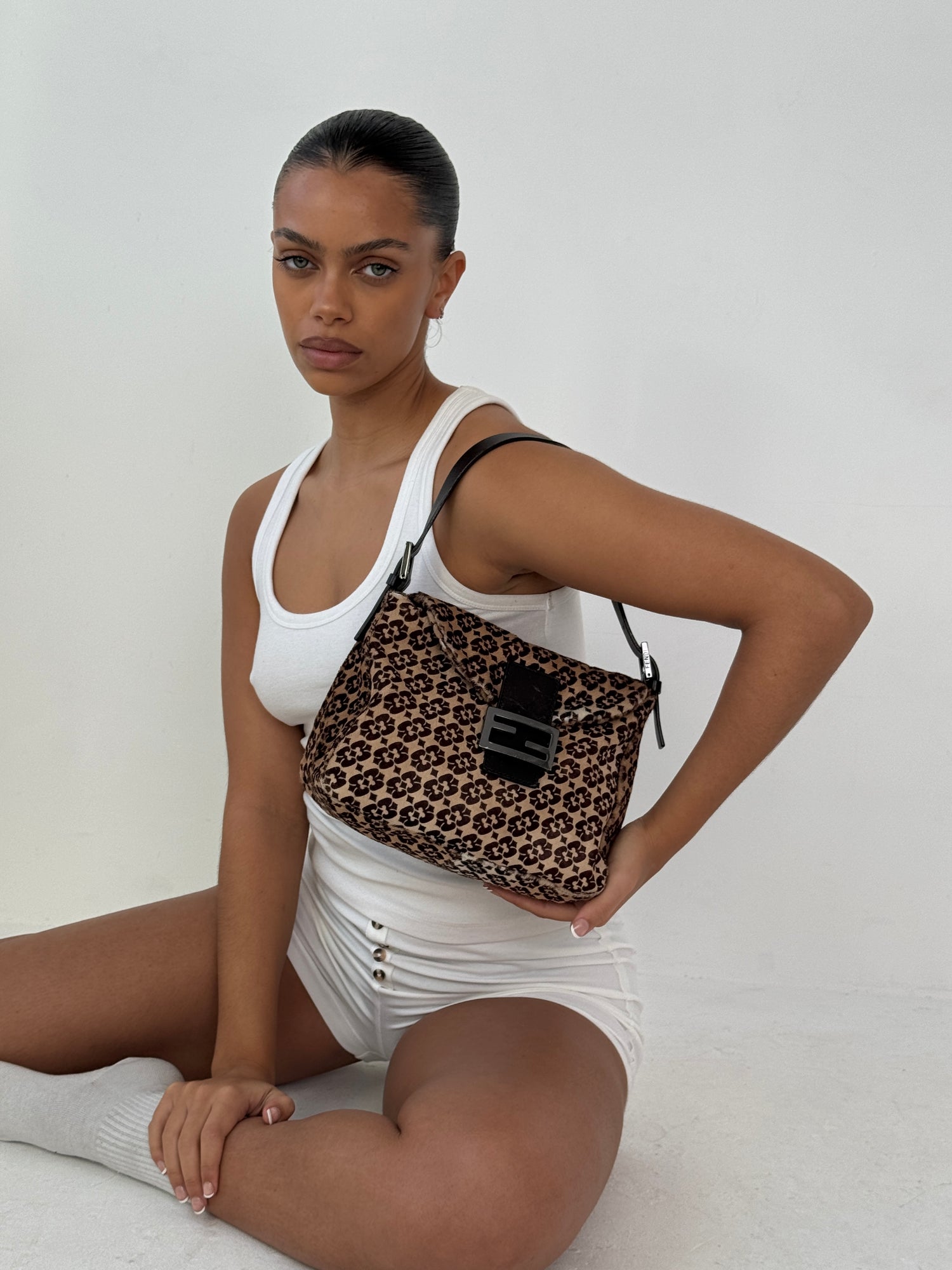 Vintage Fendi Zucca Calf Hair Mamma Baguette Shoulder Bag