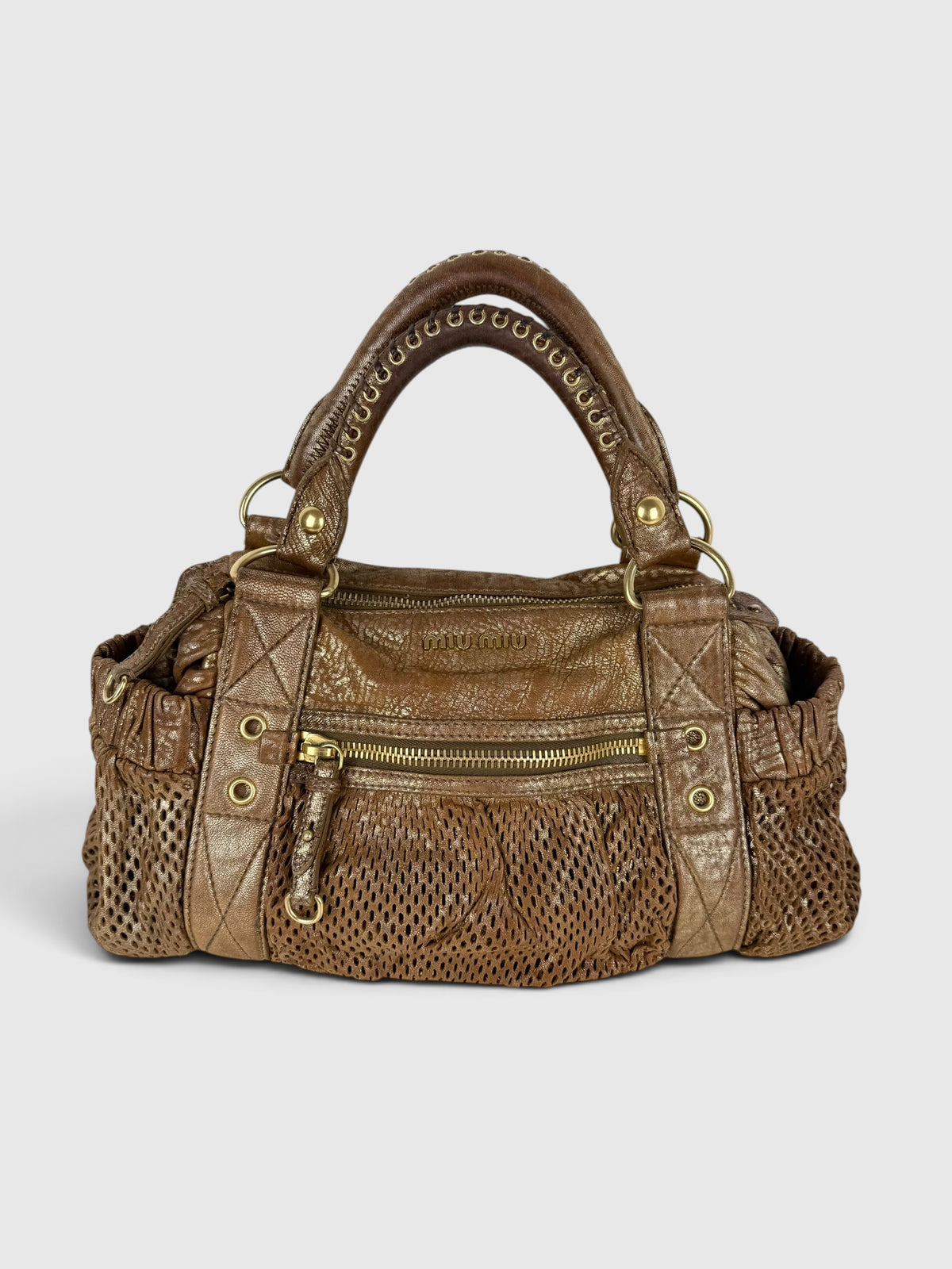 2000s Miu Miu Perforated Woven Gold Handbag