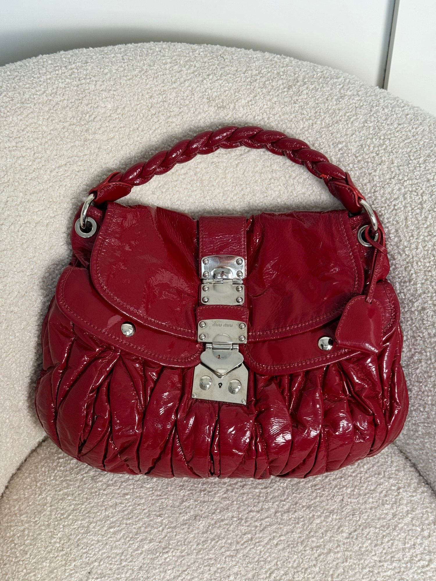 2010s Miu Miu Red Patent Leather Coffer Handbag