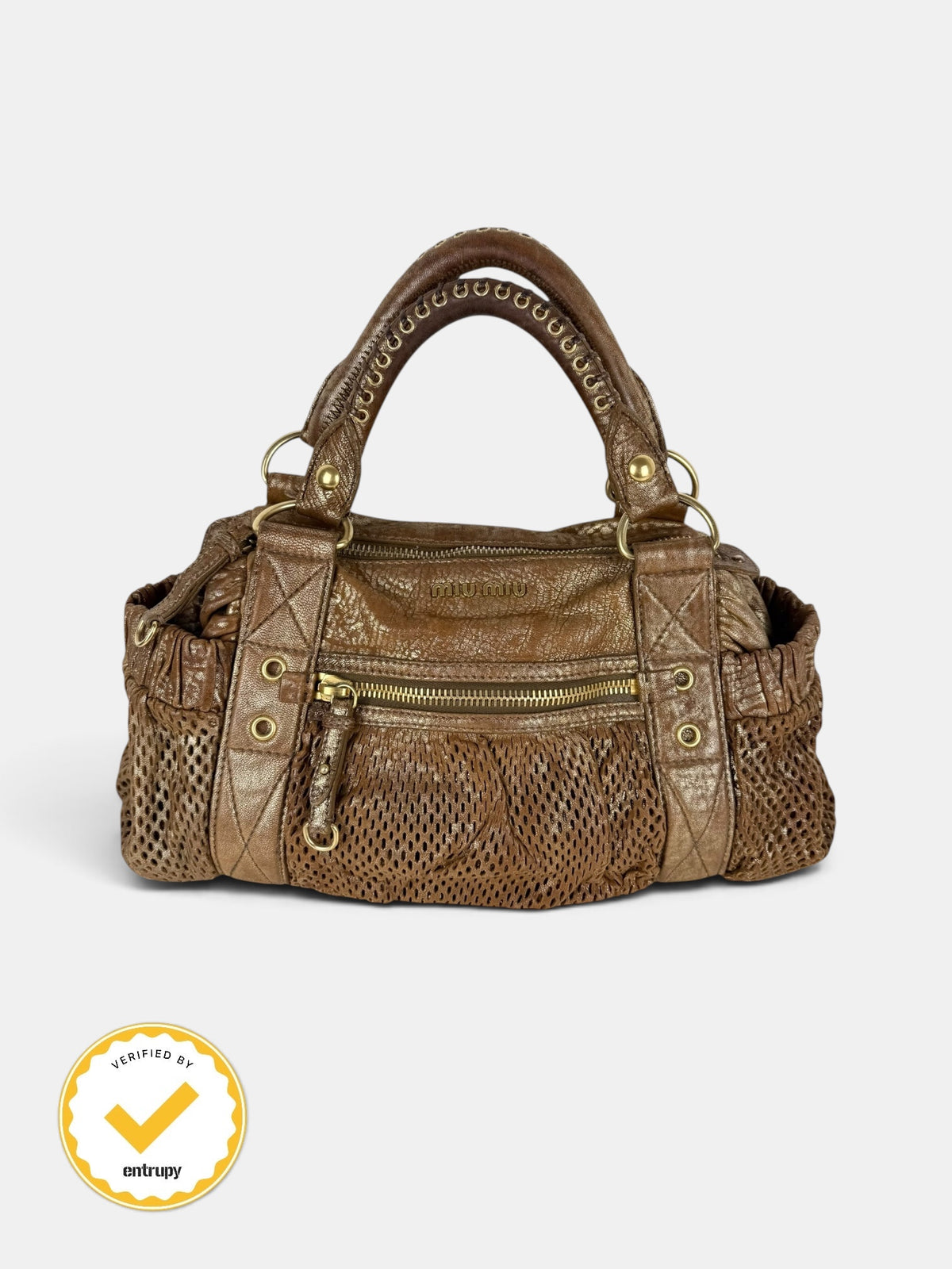 2000s Miu Miu Perforated Woven Gold Handbag