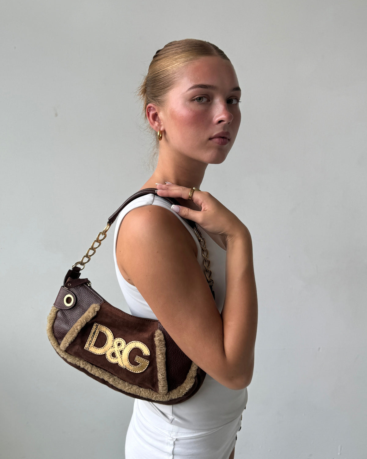 2000s Rare D&G Dolce & Gabbana Shearling Suede Shoulder Bag