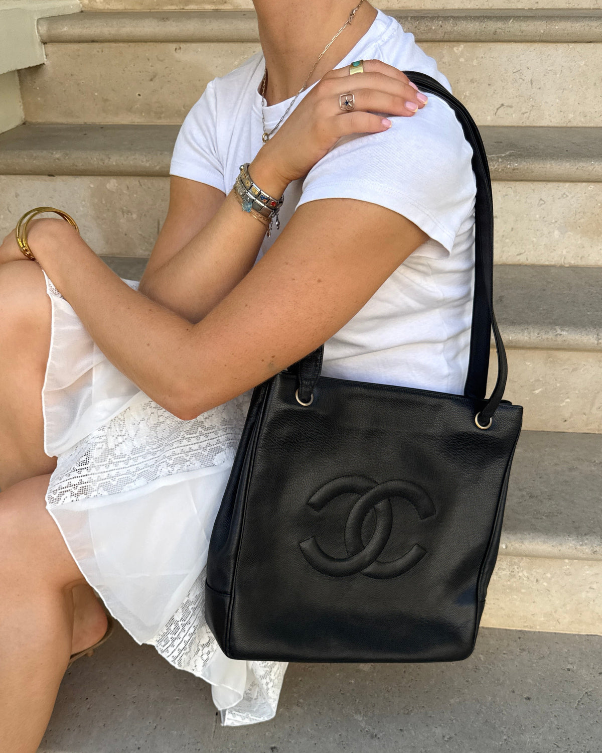 Vintage 1994 Chanel CC Black Caviar Leather Tote Bag