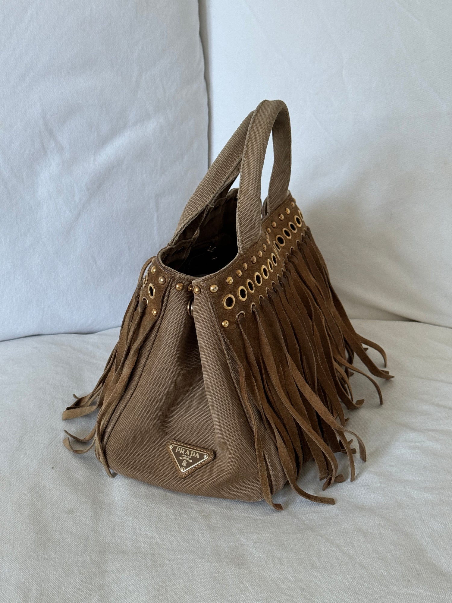 RARE 2010s Prada Grommet Suede Frill Handbag