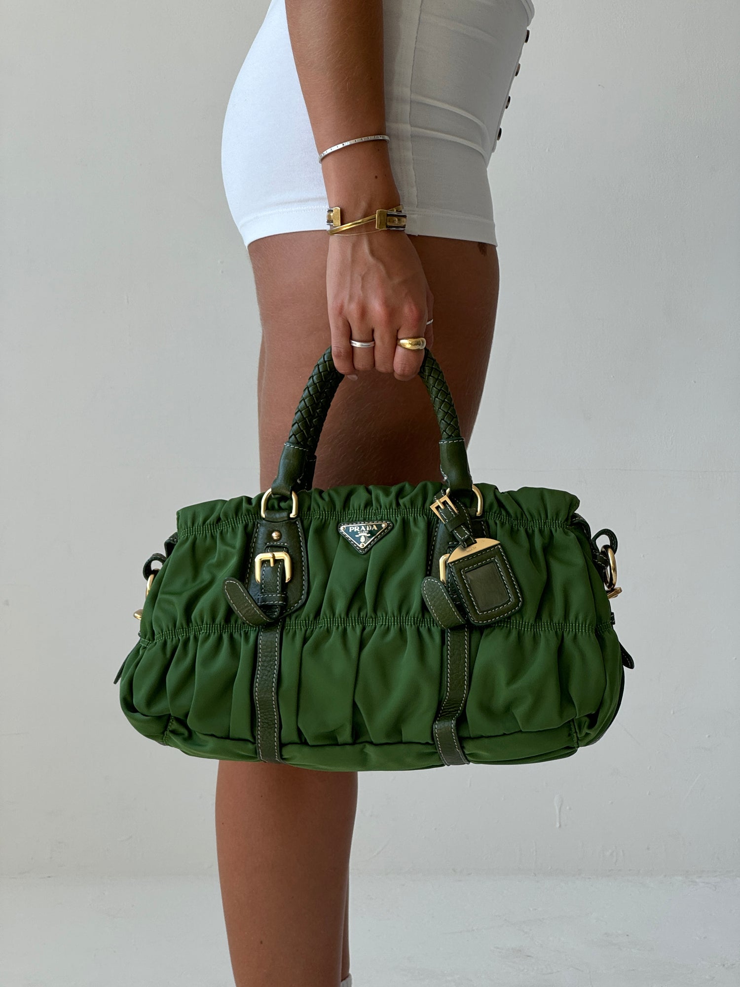 Prada Green Tessuto Gaufre Satchel Bag (with extension strap)