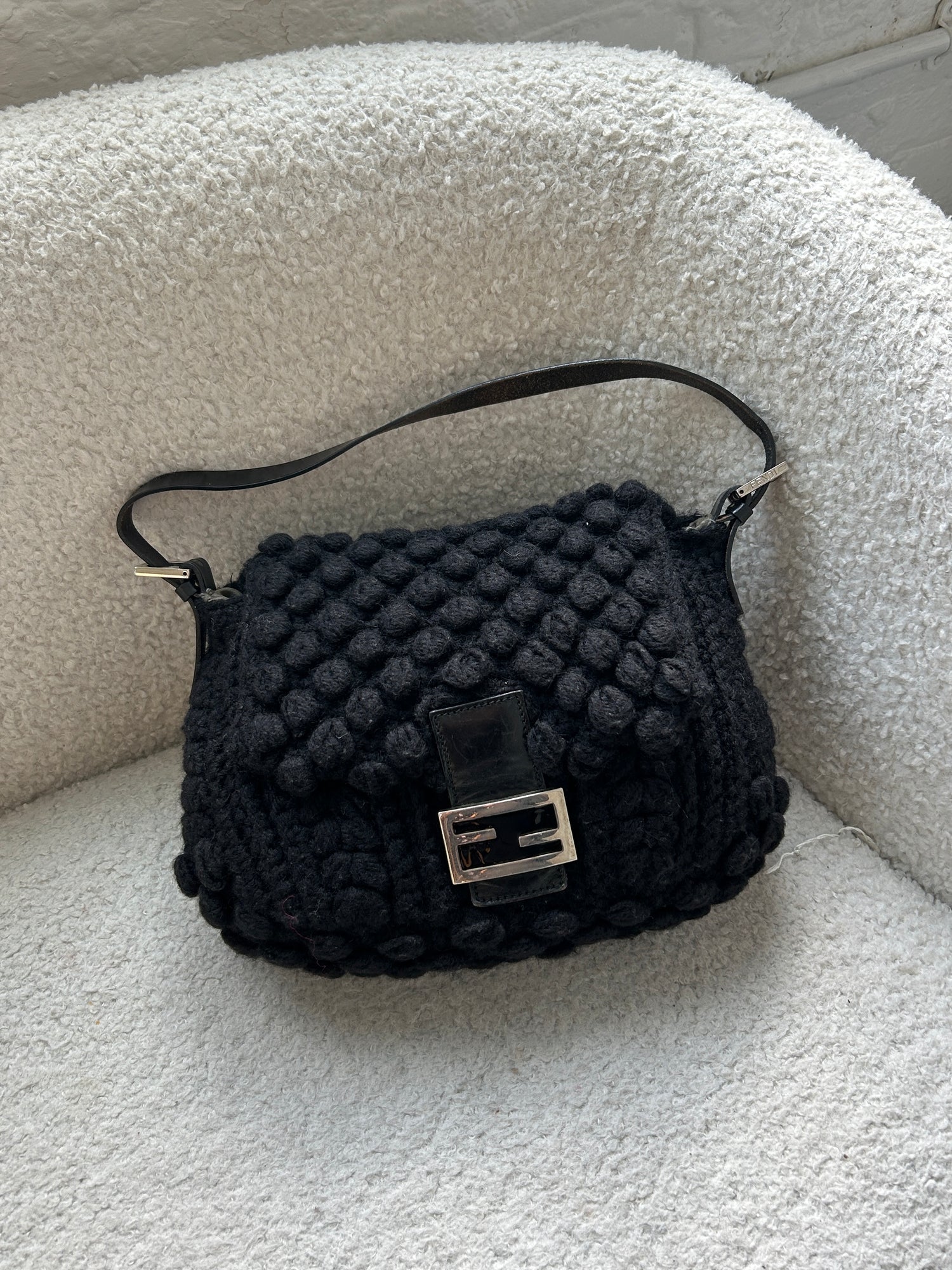 Vintage Fendi Black Crochet Bobble Knit Mamma Baguette Shoulder Bag