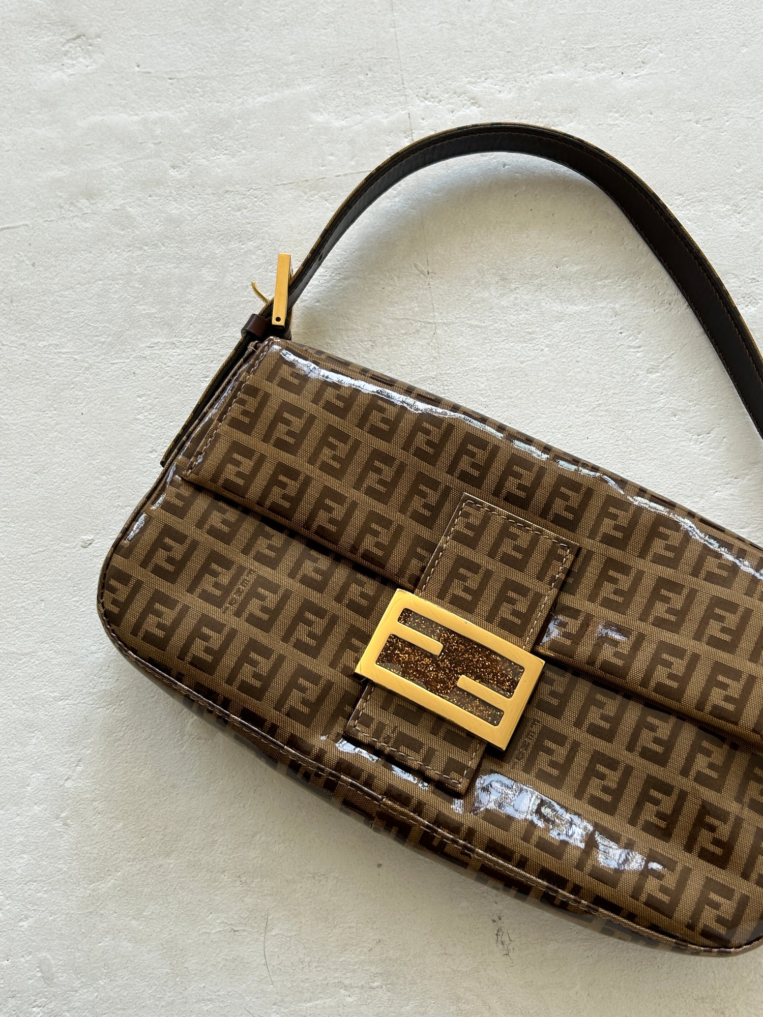 Vintage Fendi Zucca PVC Glitter Enamel Resin Baguette Shoulder Bag