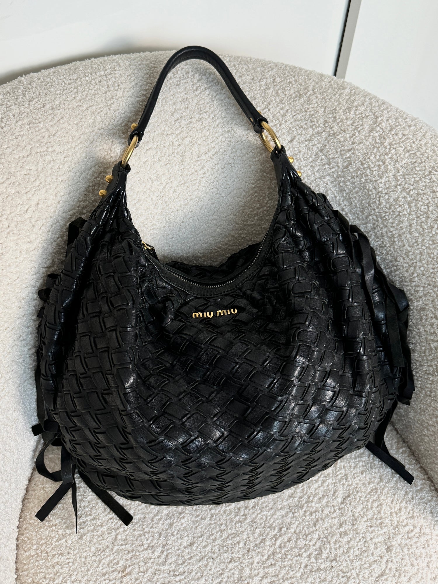 Miu Miu 2000s Black Woven Leather Fringe Hobo Bag