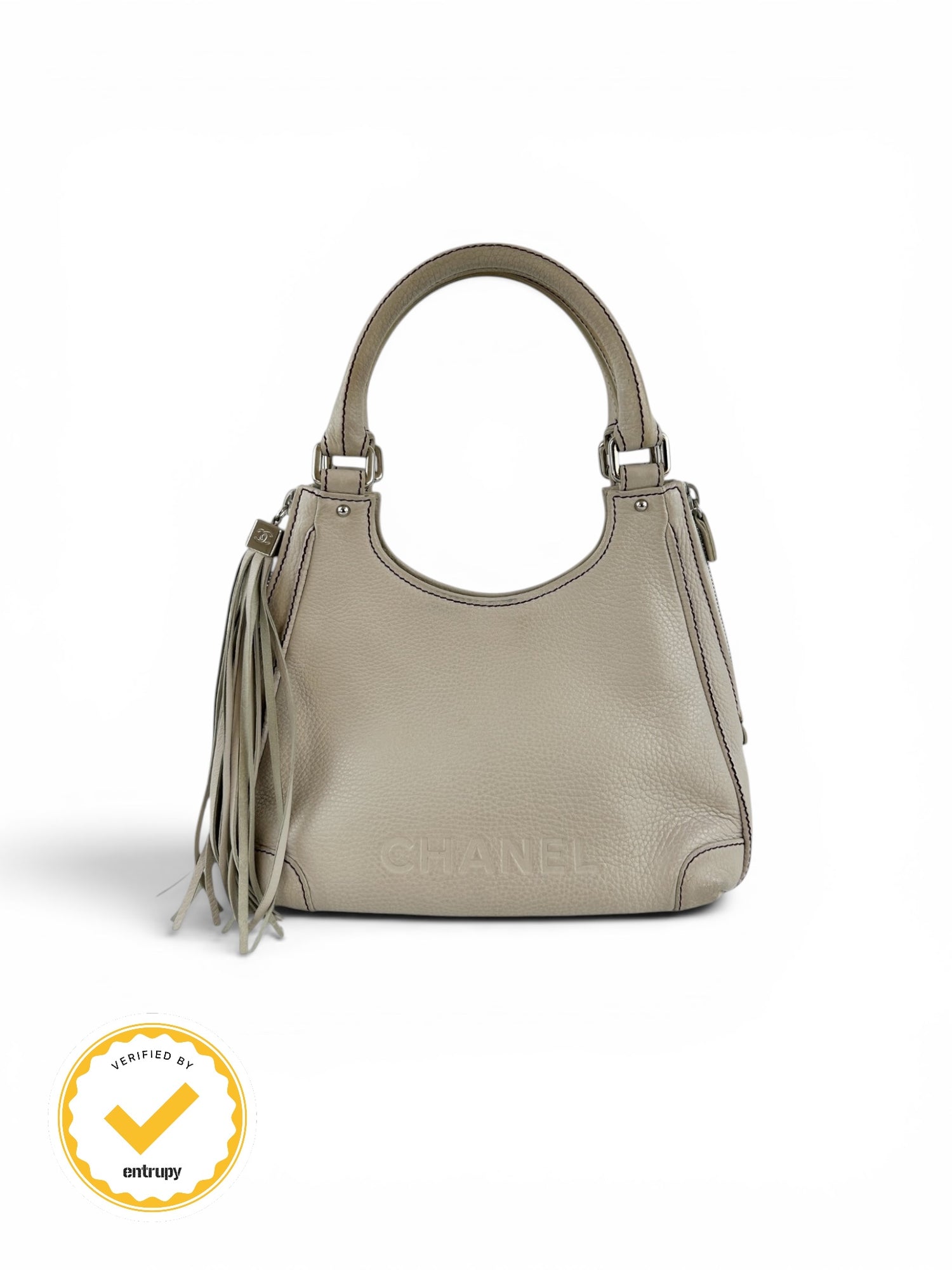 2003 Chanel Grained Calfskin Fringe Tassel Logo Hobo Bag
