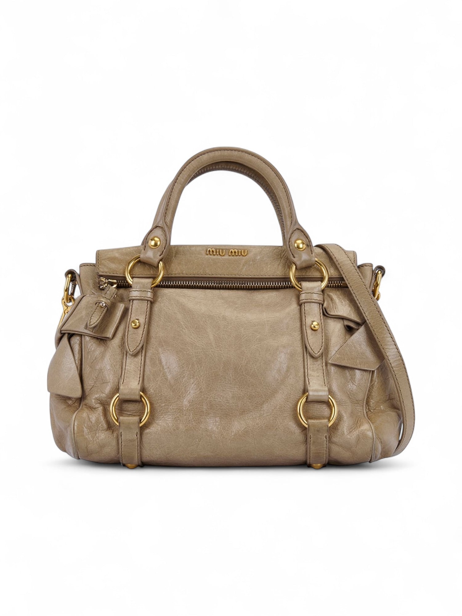 Miu Miu Vitello Lux Bow Satchel Beige 2way Handbag