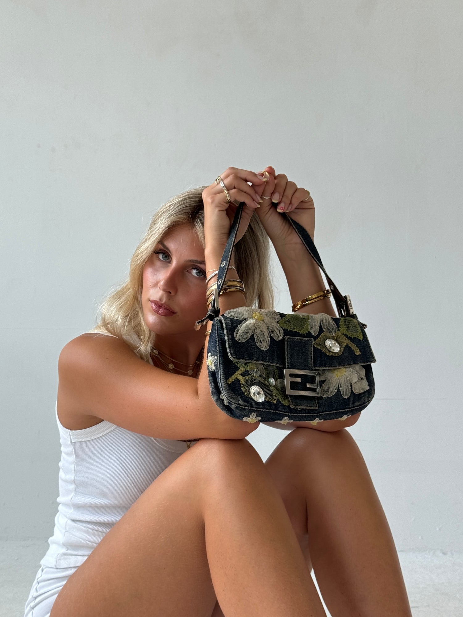 Vintage Fendi Denim Flower Baguette Shoulder Bag RARE