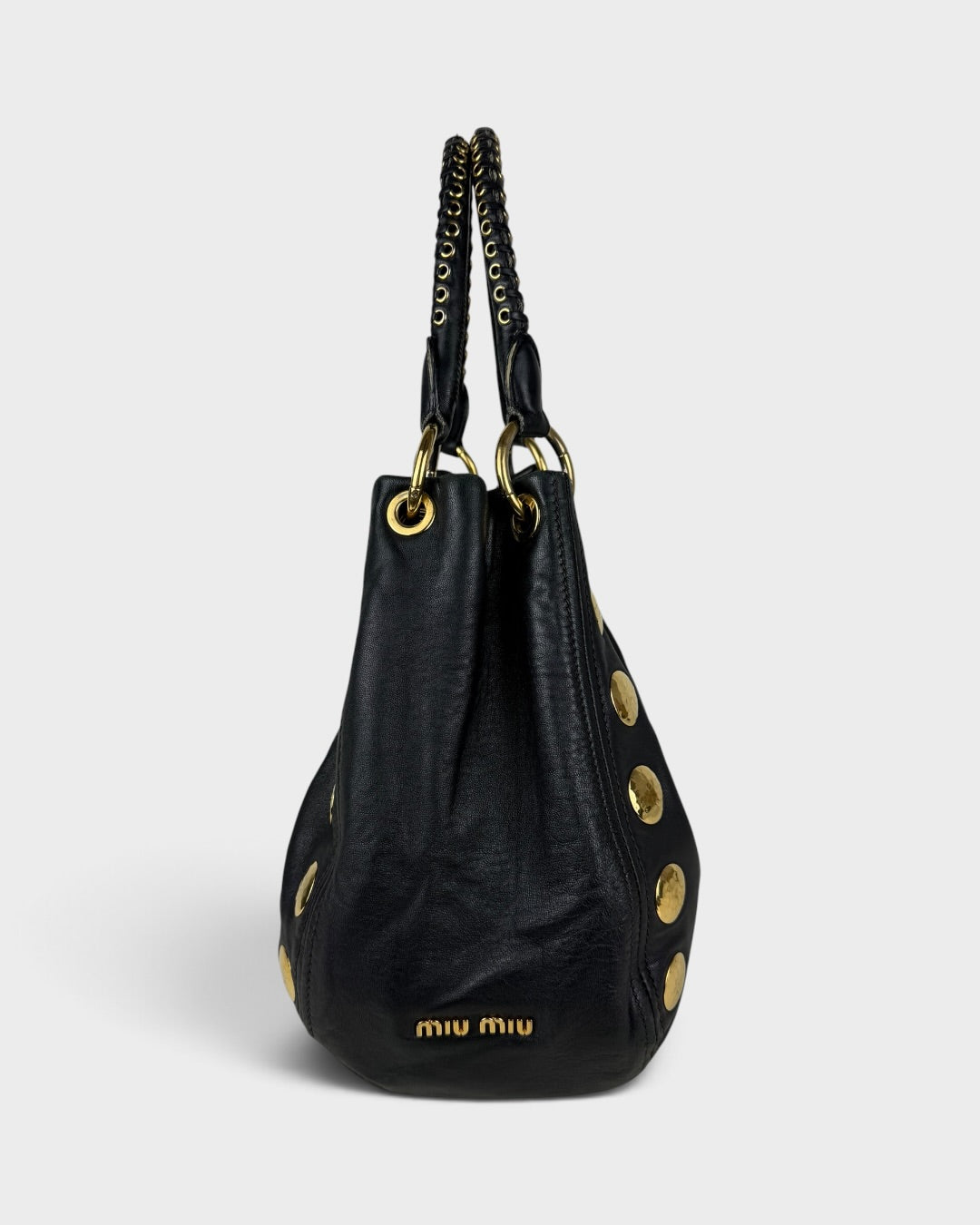 2010s Miu Miu Black Leather Studded Bucket Bag