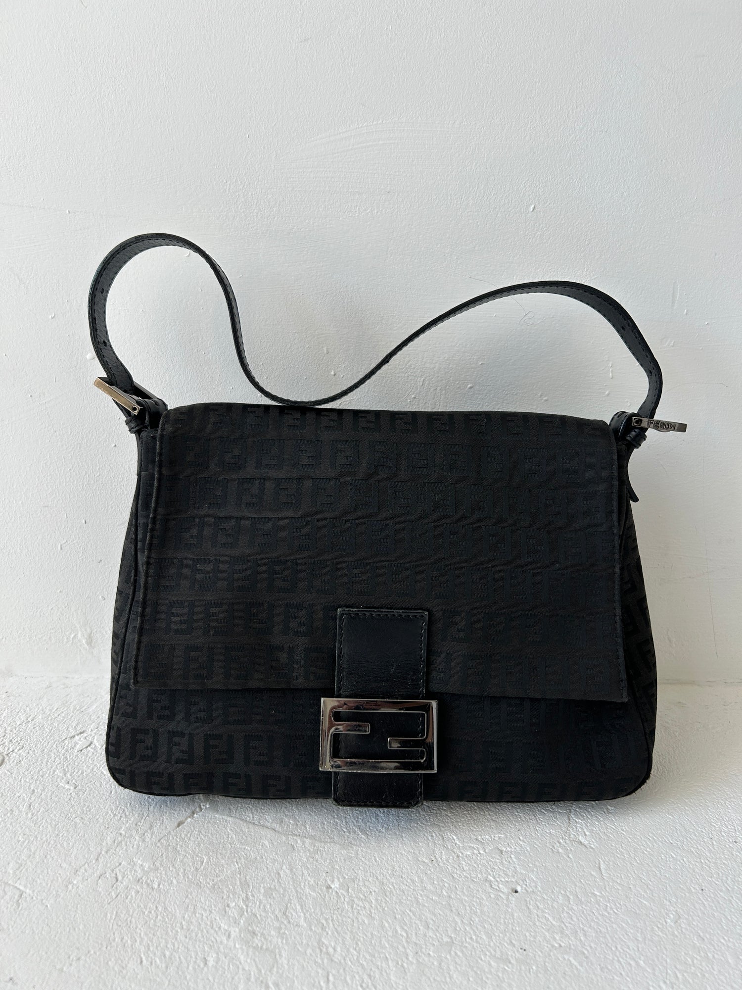 Vintage Fendi Zucca Black Mamma Baguette Shoulder Bag