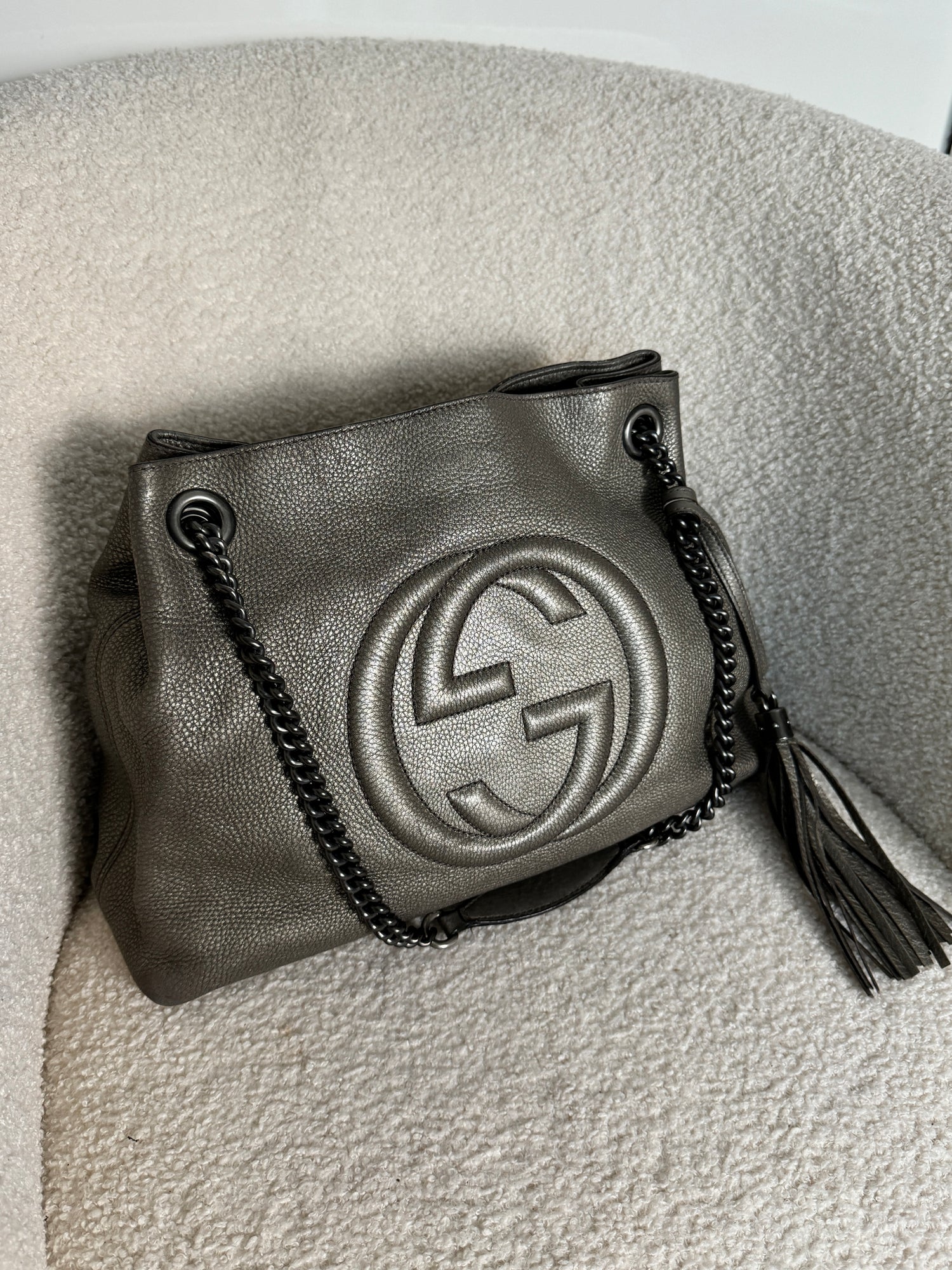 Gucci 2012 Gunmetal Metallic Soho Chain Tassle Shoulder Bag