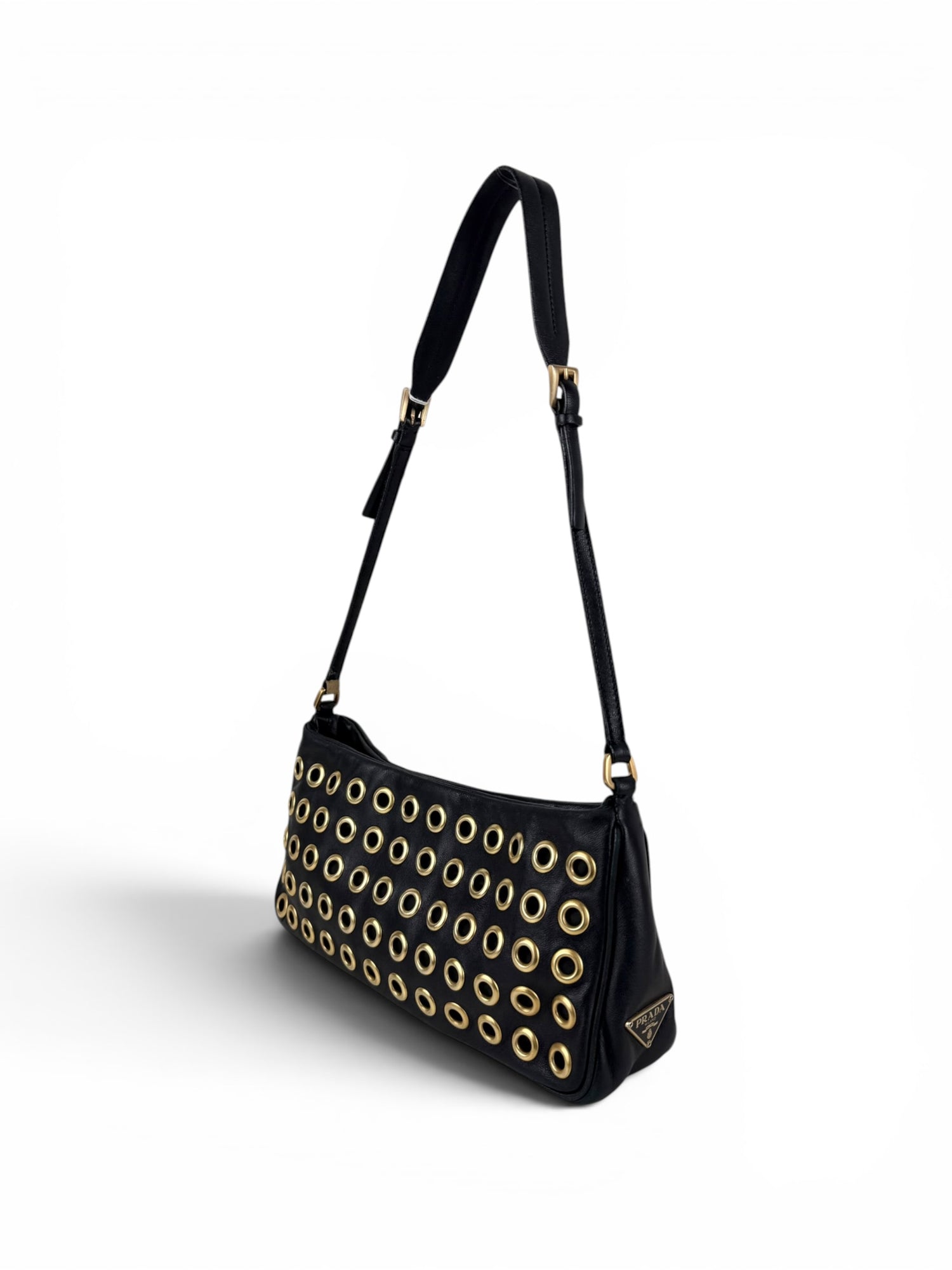 2000s Prada Black Leather Grommet Shoulder Bag
