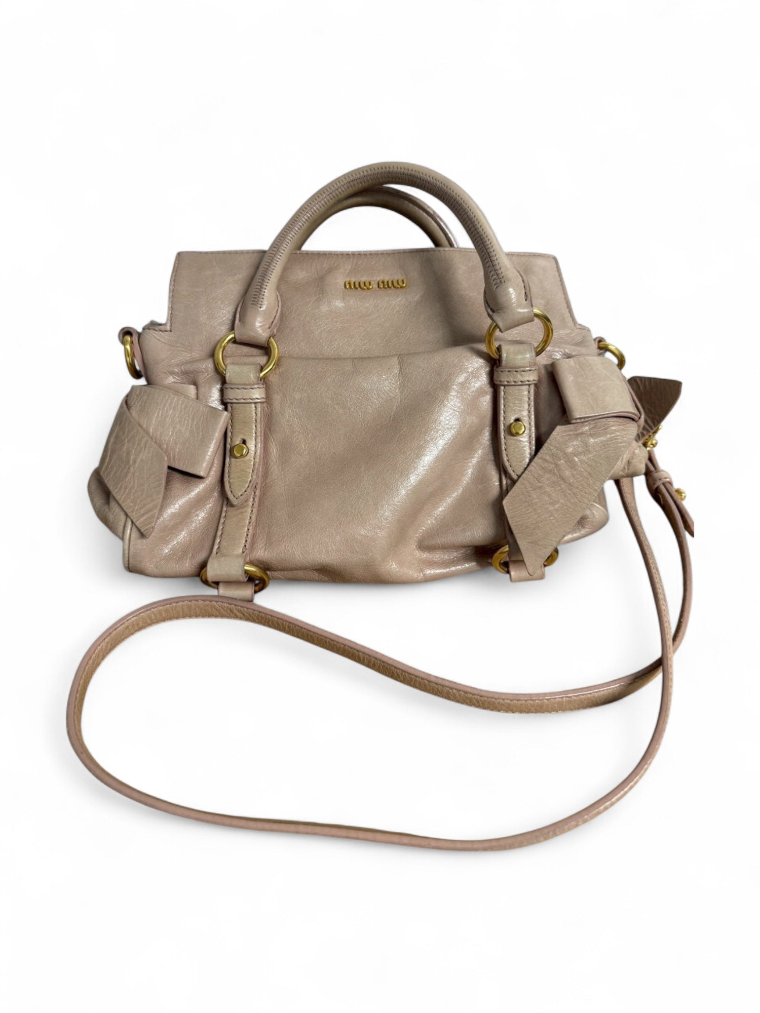 Miu Miu Vitello Lux Bow Satchel Beige 2way Handbag