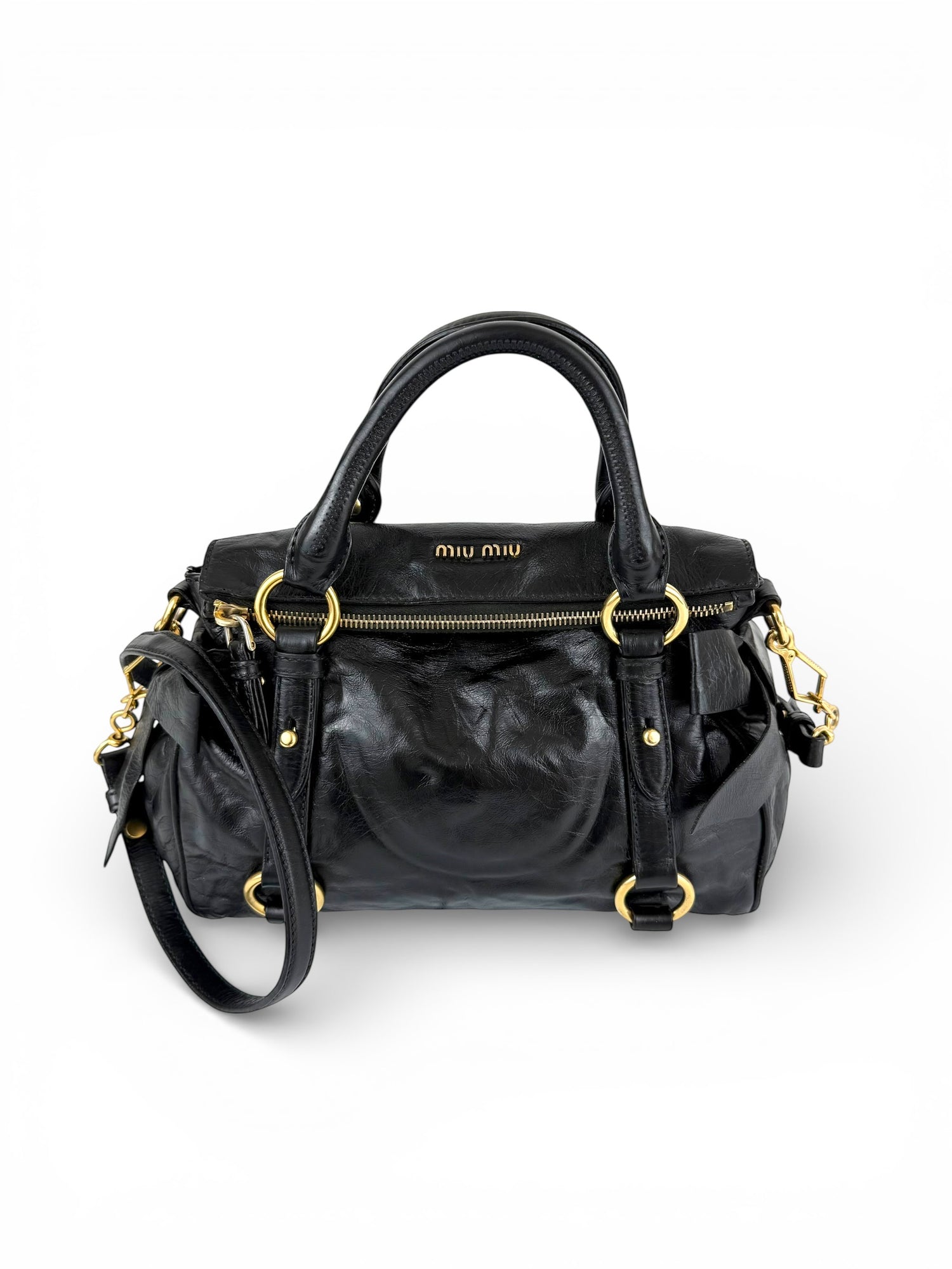 2012 Miu Miu Vitello Shine Leather 2way Bow Black Handbag