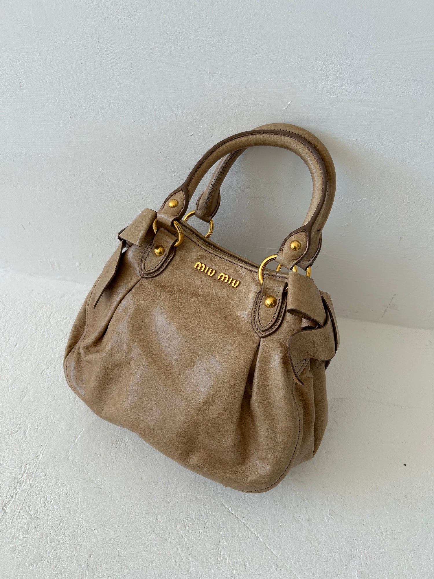 Miu Miu Brown Vitello Lux Bow Leather Satchel Handbag