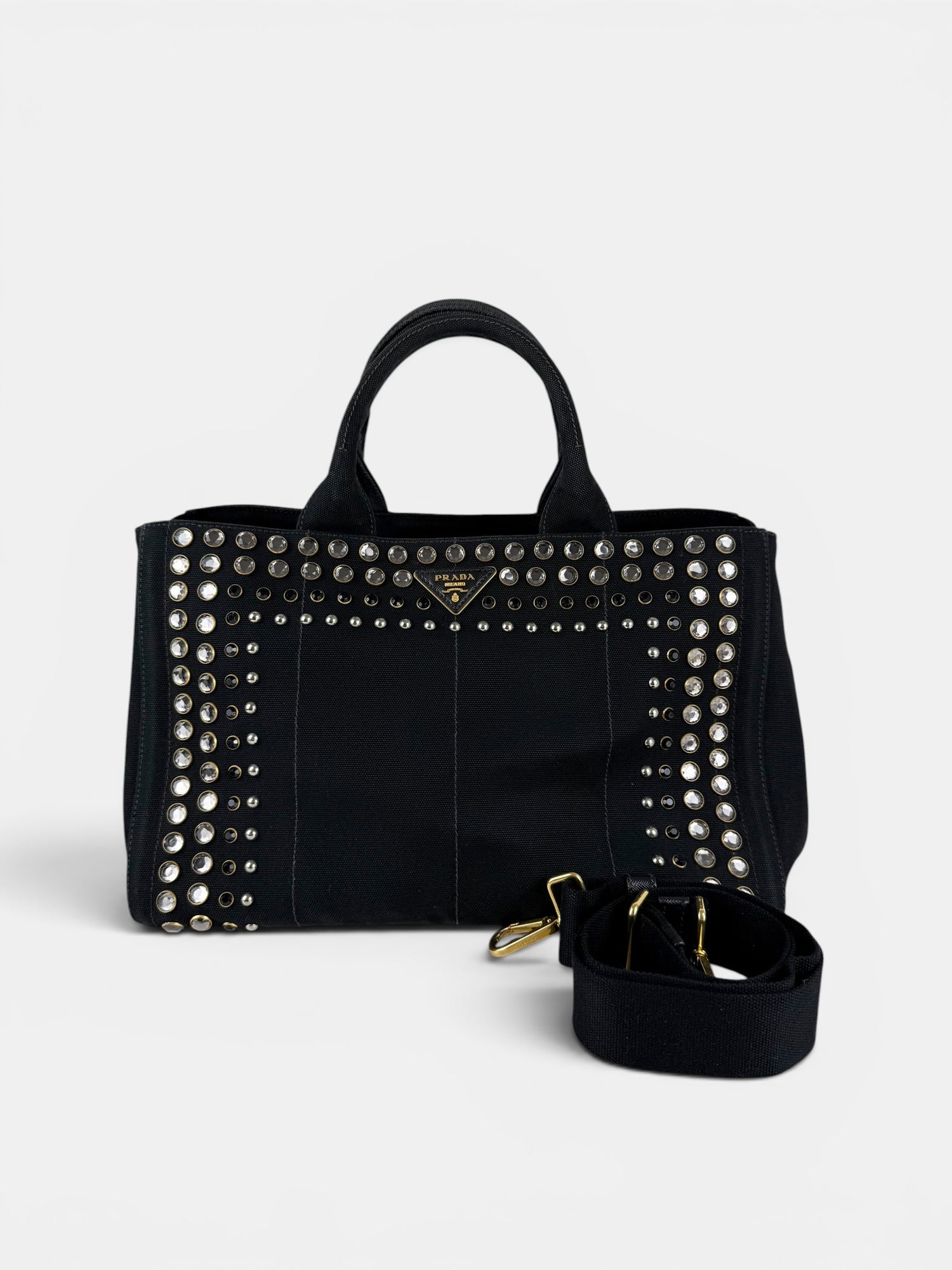 2000s Prada Black Canapa Studded 2-Way Handbag