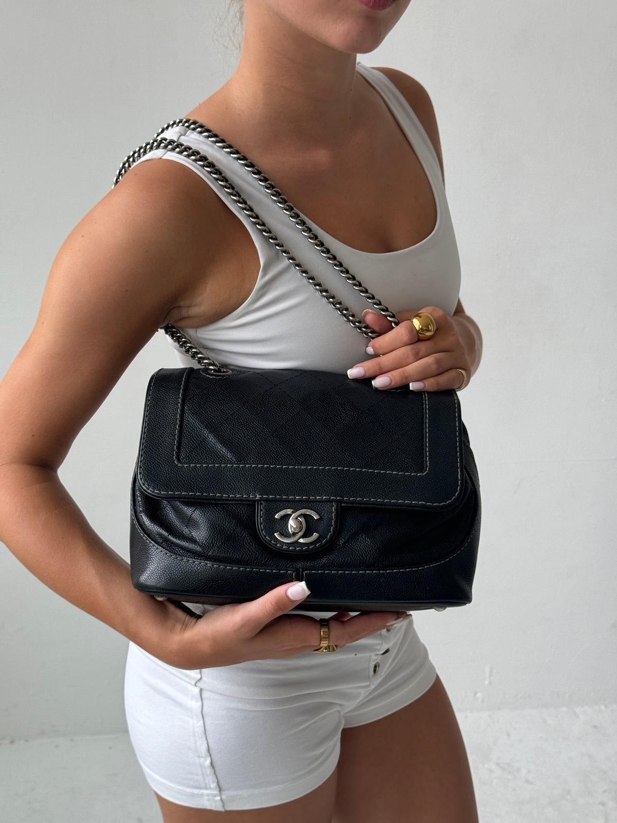 2000s Chanel Caviar Leather Black Matelasse Chain Shoulder Bag SHW