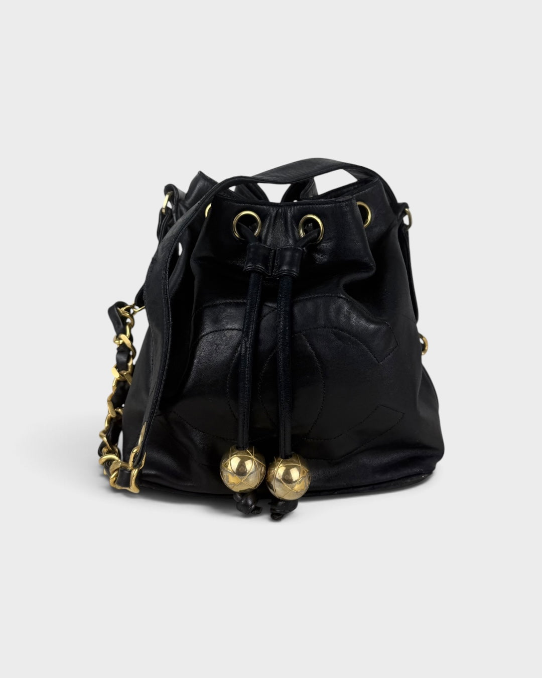 90s Chanel Lambskin CC Stitched Drawstring Bucket Bag Black