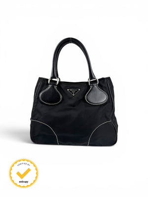 2010s Prada Nylon Black Contrast Stitch Tote Bag