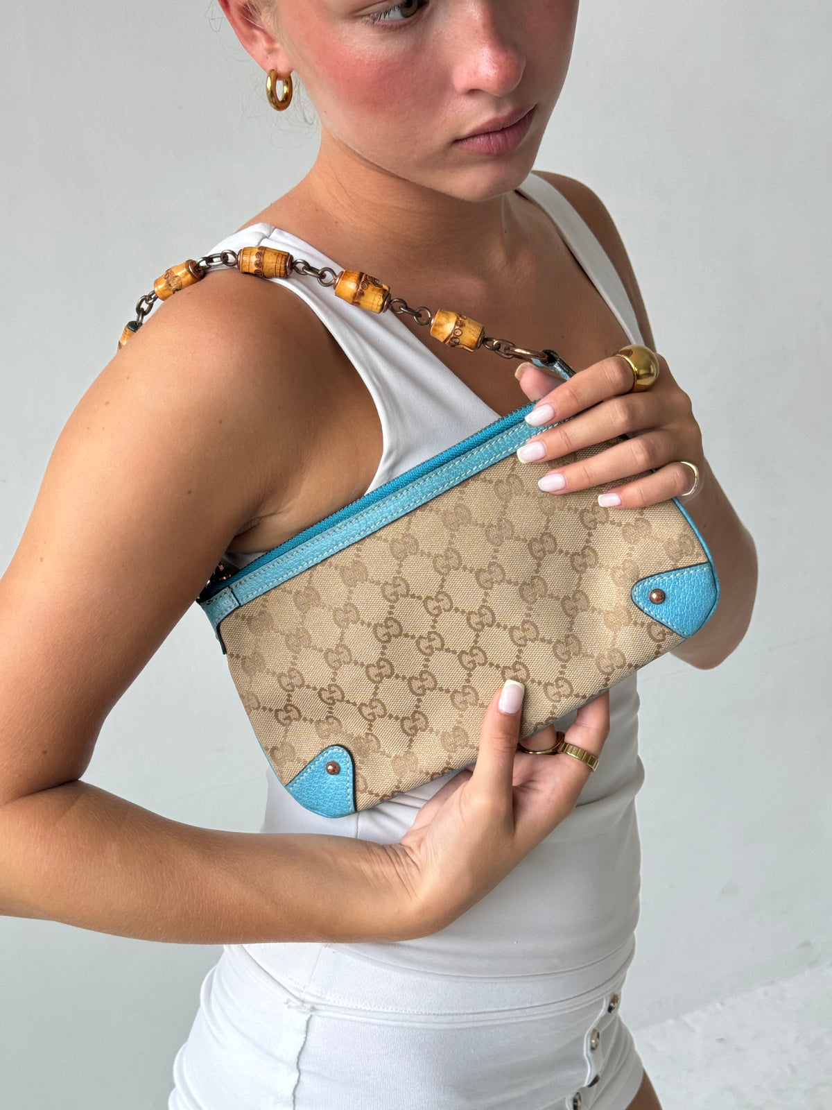 Vintage 90s Gucci Monogram Mini Bamboo Chain Shoulder Bag