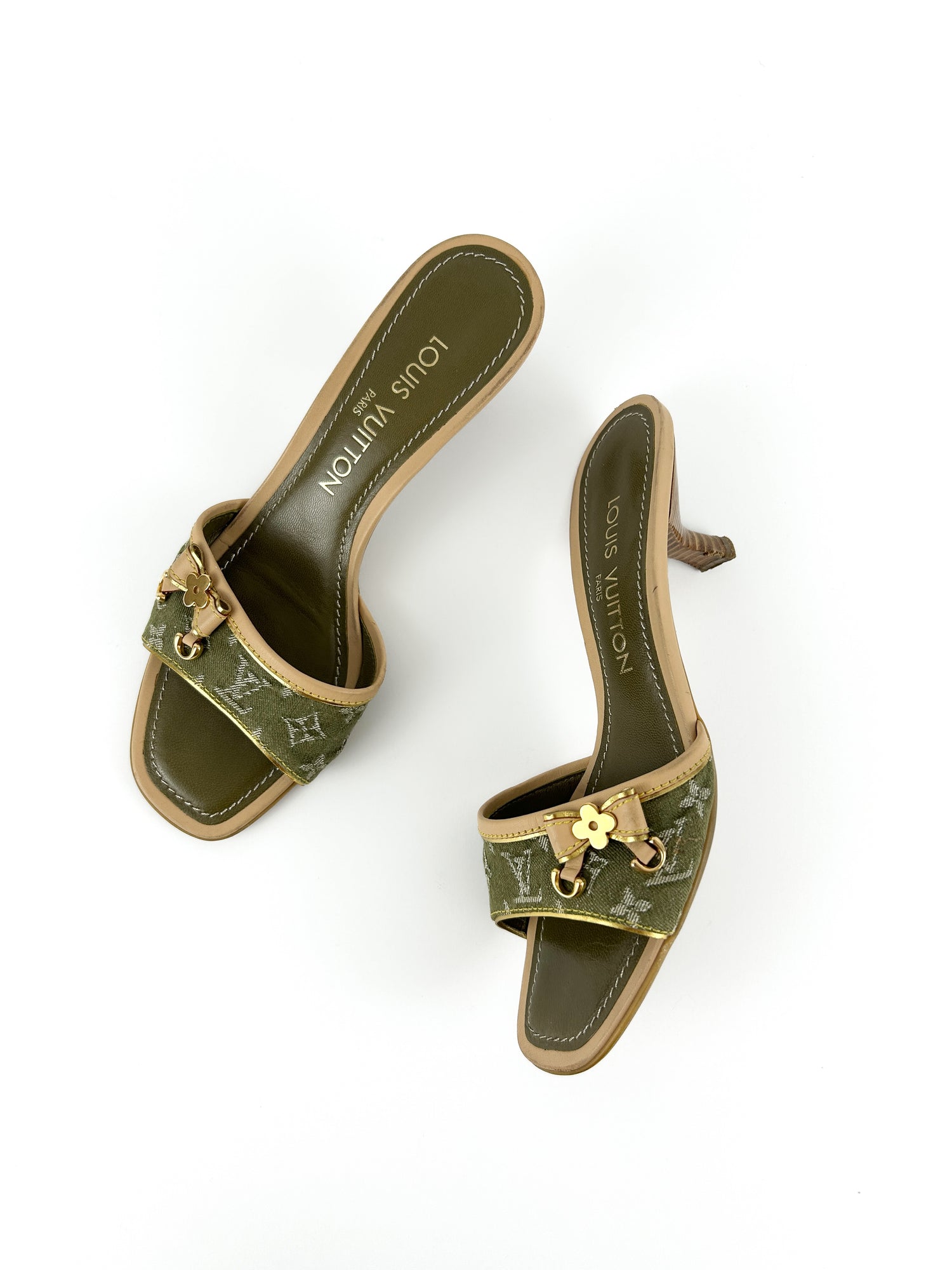 Vintage Louis Vuitton Khaki Denim Mules Heels 2000s