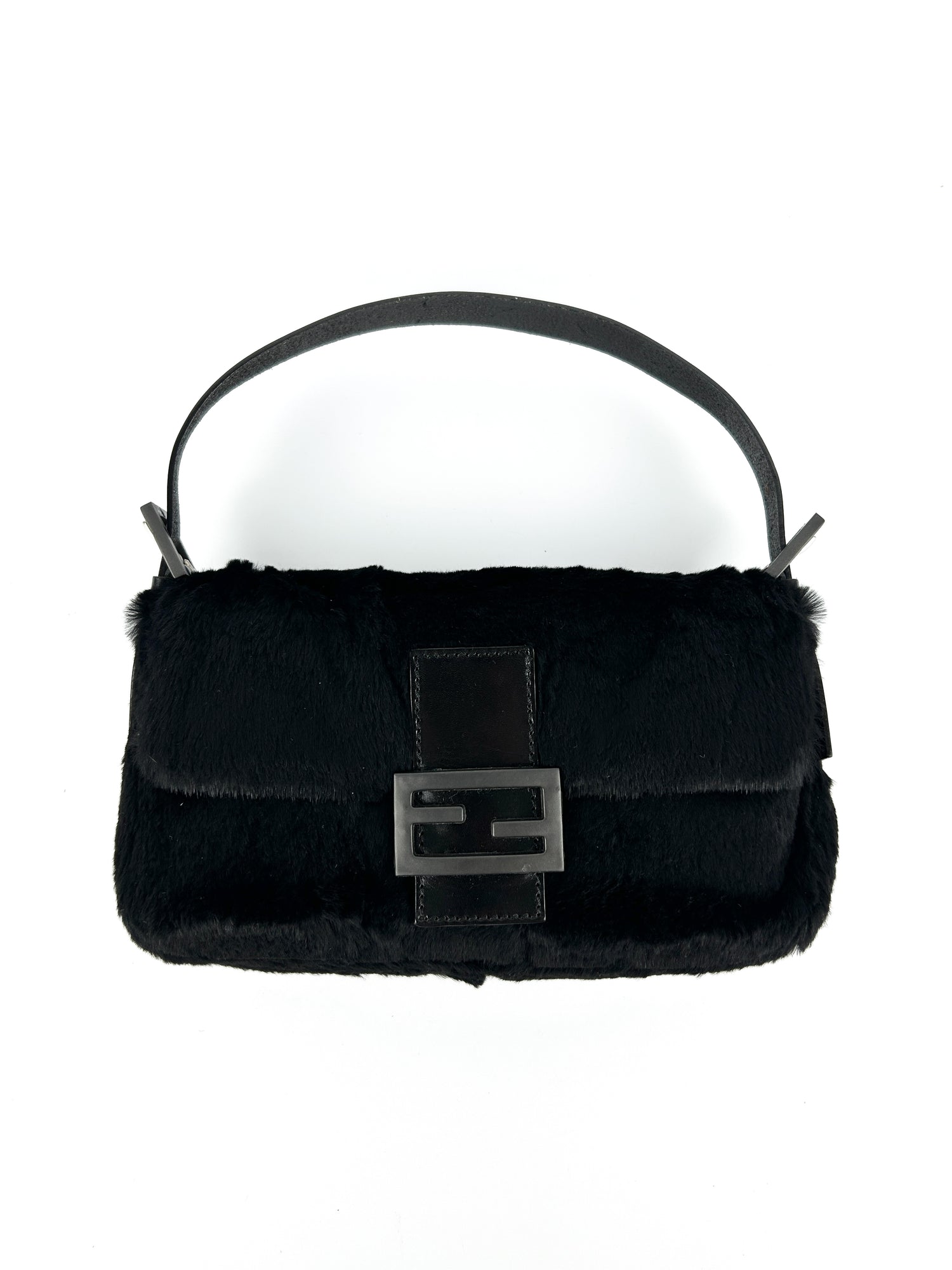 Vintage Fendi Black Lapin Fur Baguette Shoulder Bag (2000s)
