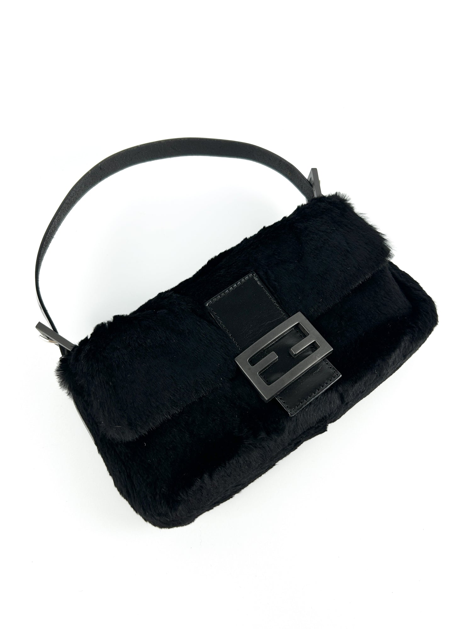 Vintage Fendi Black Lapin Fur Baguette Shoulder Bag (2000s)