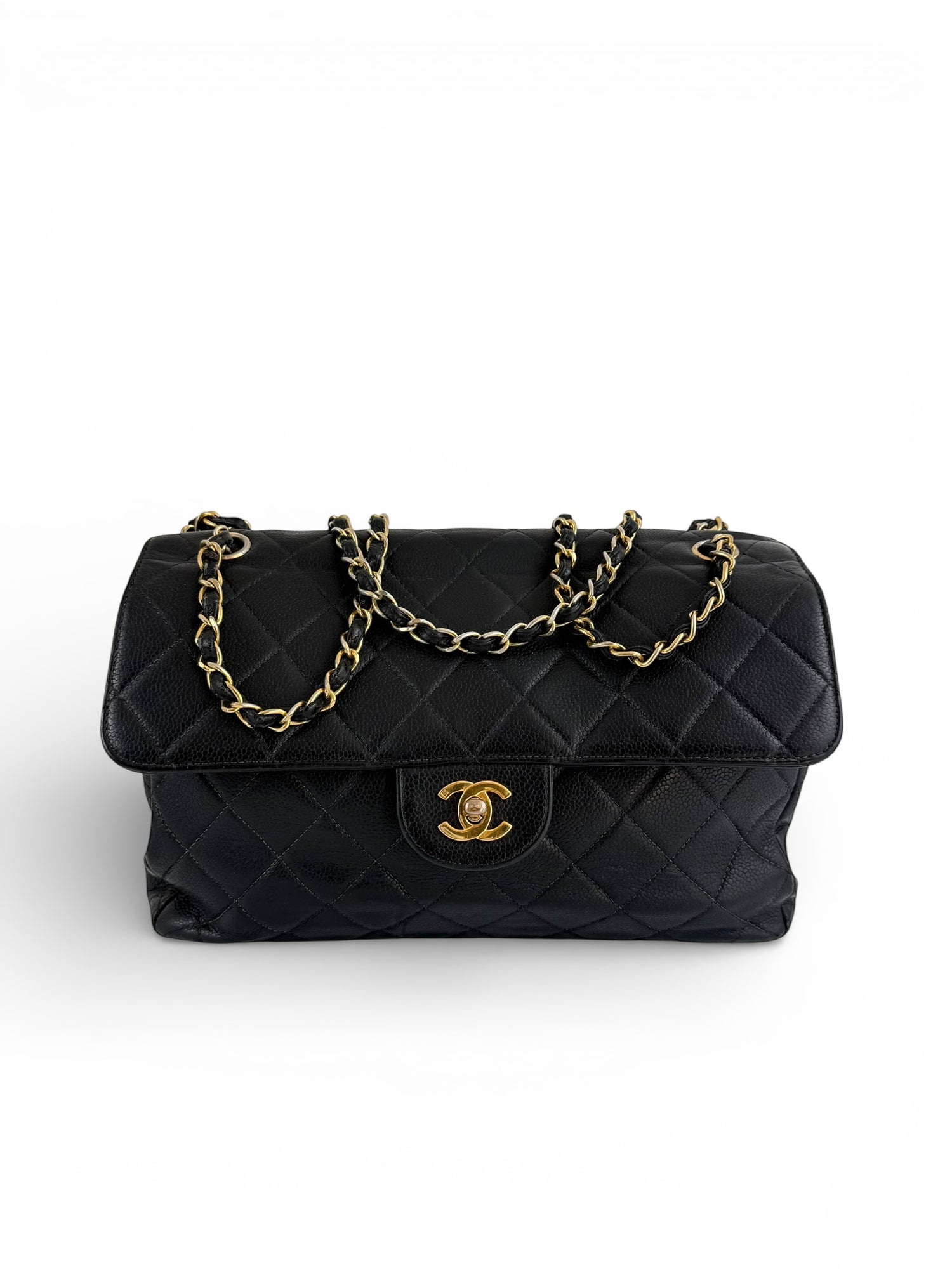Vintage 90s Chanel Double Sided Black Caviar 24K GHW 30cm Classic Flap Bag