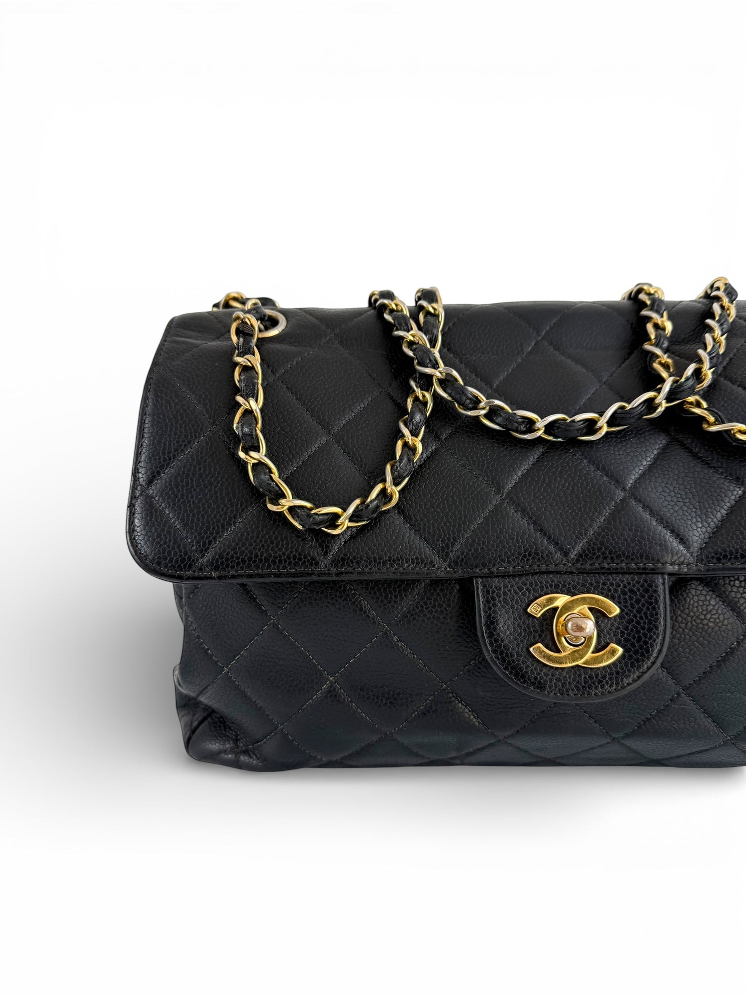 Vintage 90s Chanel Double Sided Black Caviar 24K GHW 30cm Classic Flap Bag