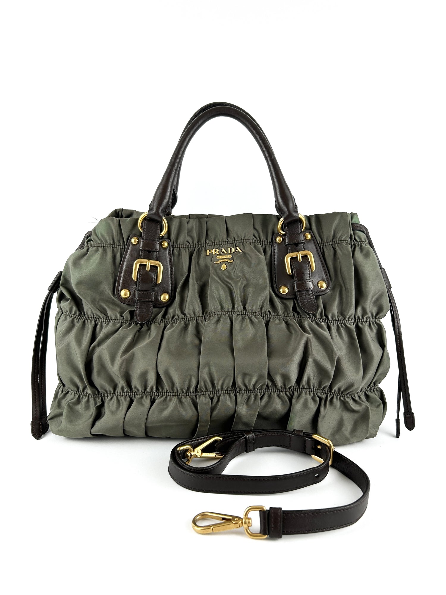 Prada Khaki Tessuto Gaufre Nylon Satchel Bag (with extension strap)