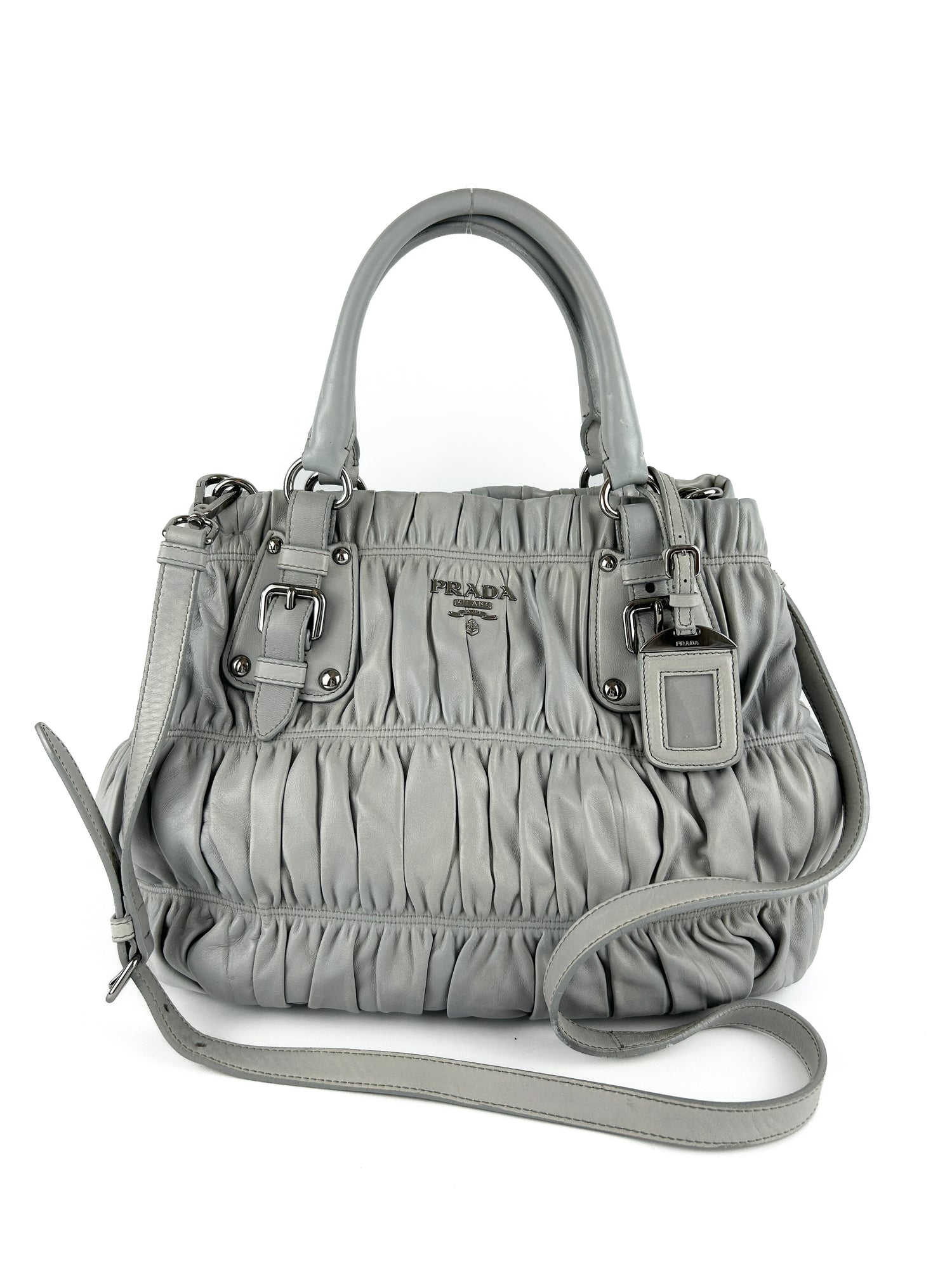 Vintage Prada Light Grey Leather Tessuto Gaufre Satchel Bag (with extension strap)