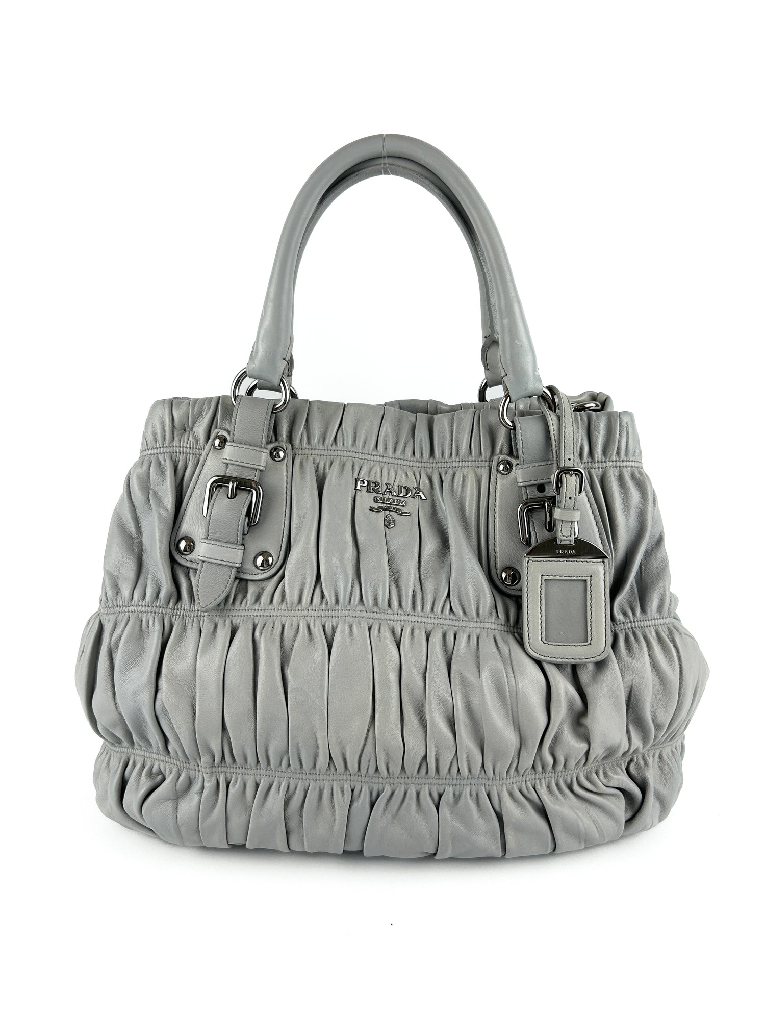 Vintage Prada Light Grey Leather Tessuto Gaufre Satchel Bag (with extension strap)