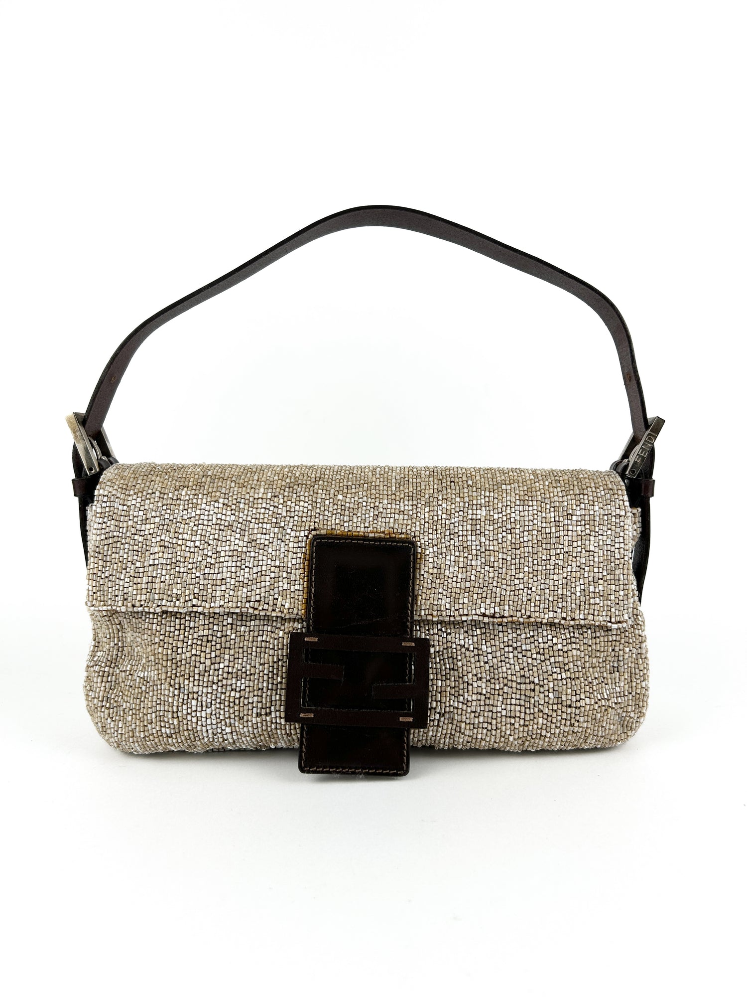 Vintage Fendi Champagne Beaded Sequin Baguette Shoulder Bag 90s