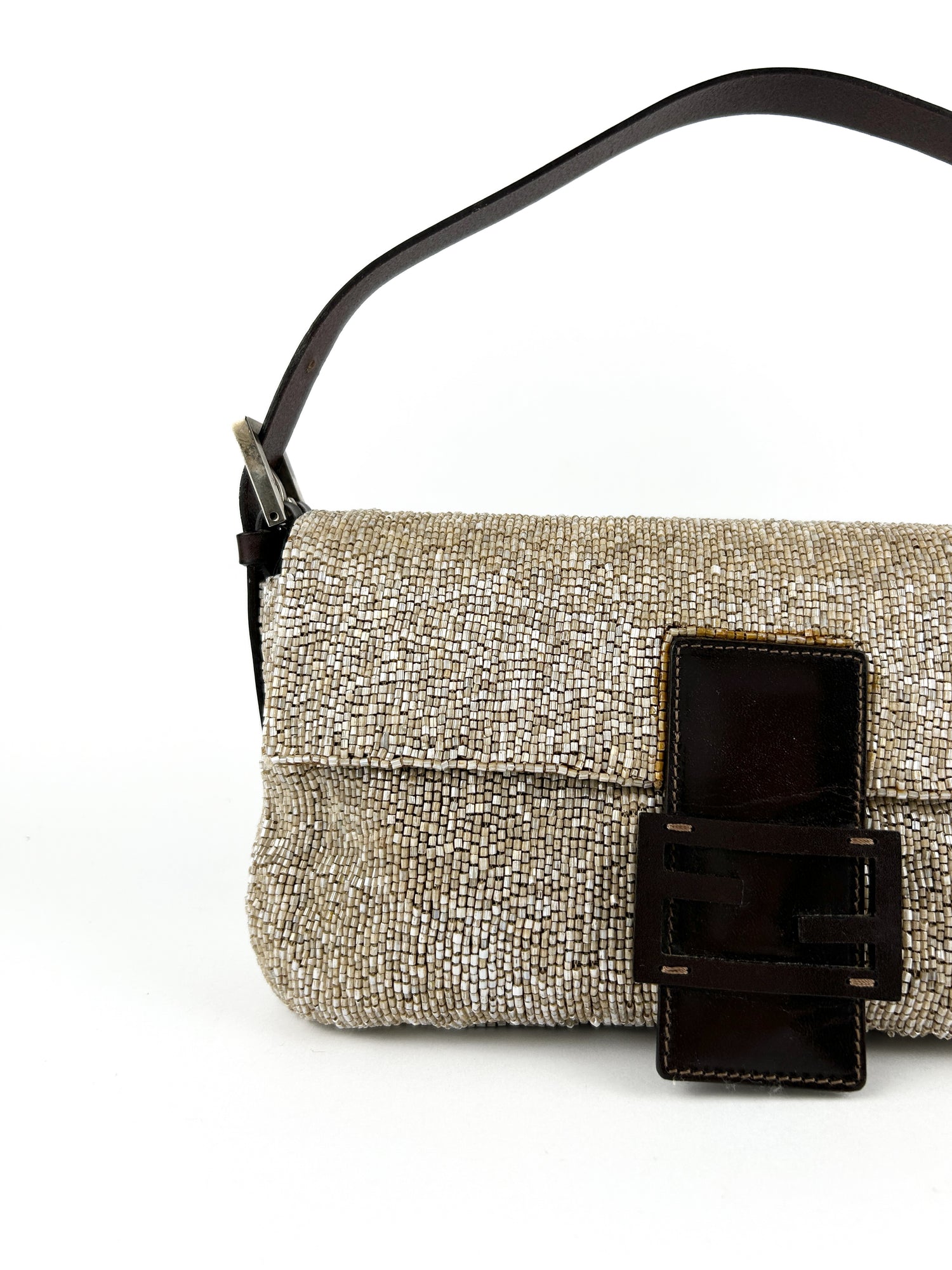 Vintage Fendi Champagne Beaded Sequin Baguette Shoulder Bag 90s
